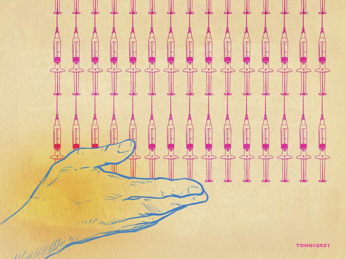 This artwork by Paul Tong refers to the U.S. commitment to increase the supply of COVID-19 vaccine to the rest of the world.