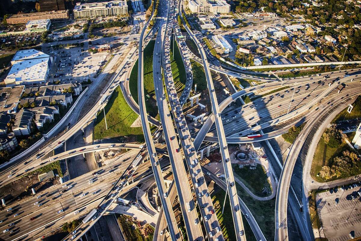 A photo of the intersection of Interstates 10 and 610 from 1,000 feet overhead in Houston.  Houston is expected to be among the most congested this Thanksgiving holiday.