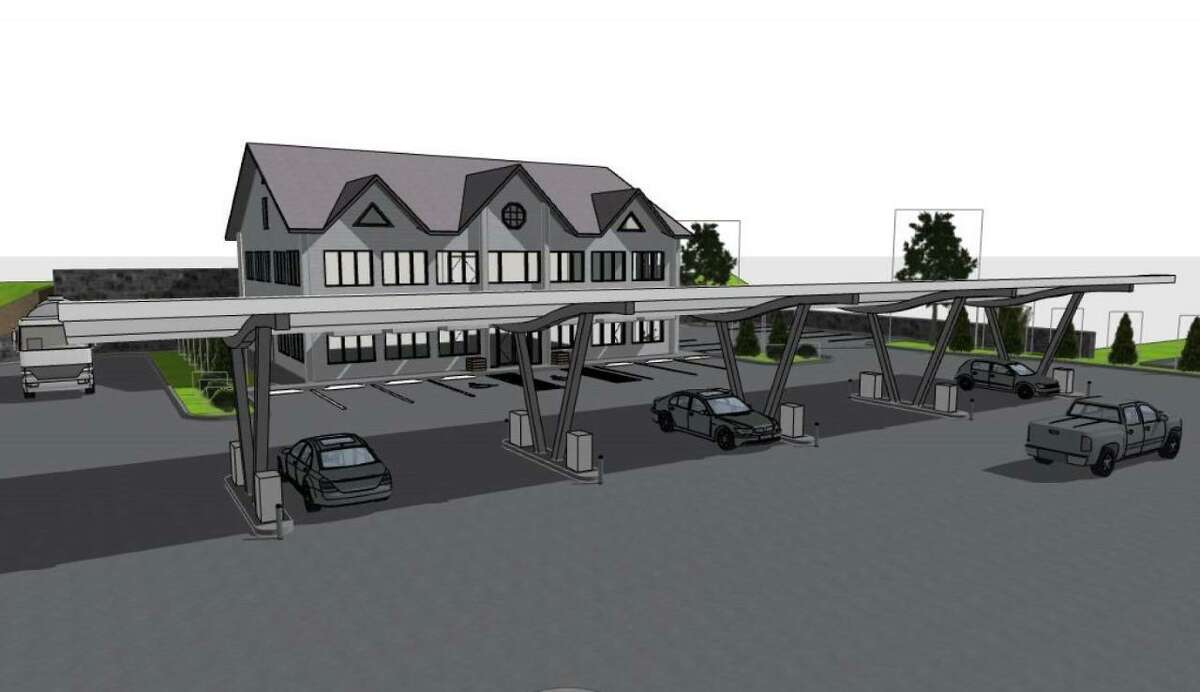 The rendering and site plan for the proposed Shelton Plaza at the corner of Bridgeport Avenue and Cots Street.