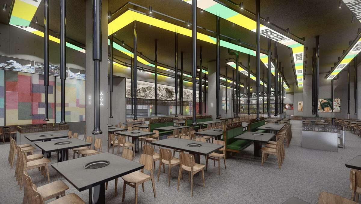 A rendering of the forthcoming dining room at Baekjeong, opening in 2022 at Westfield Valley Fair in San Jose.