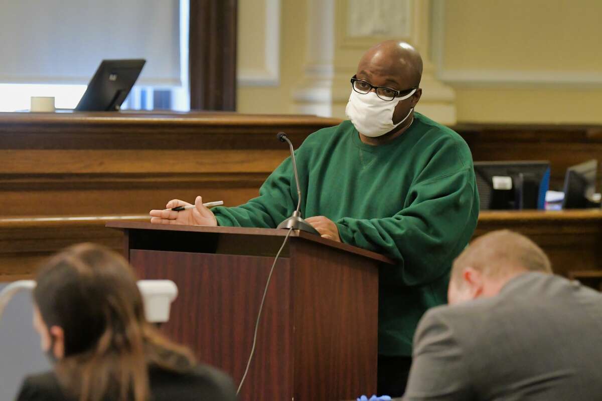 James White delivers opening argument in Rensselaer County court during his retrial in the December 2017 killings of two women and two children at a home in Troy. (Paul Buckowski/Times Union)
