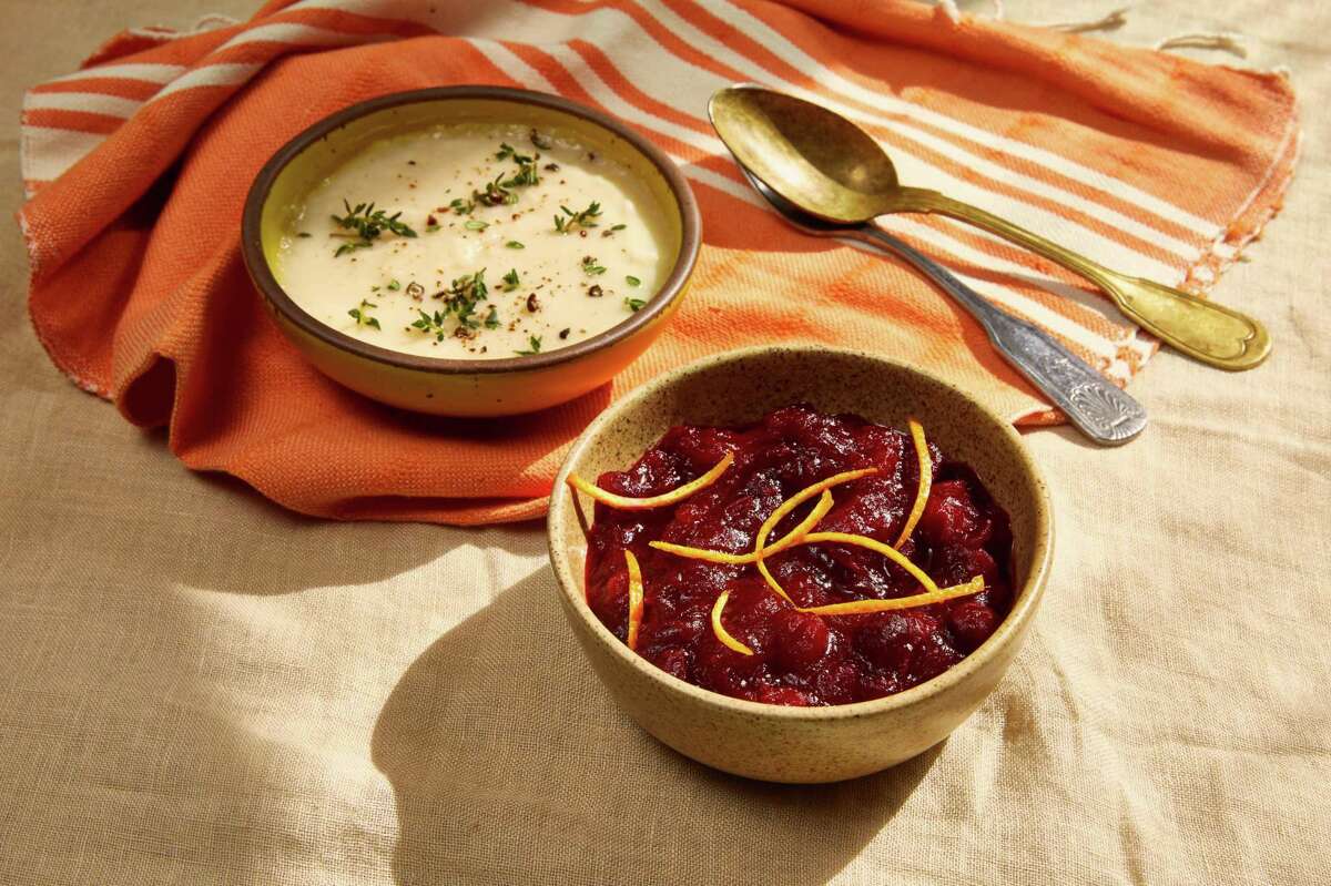 Cranberry sauce with orange zest and turkey gravy.