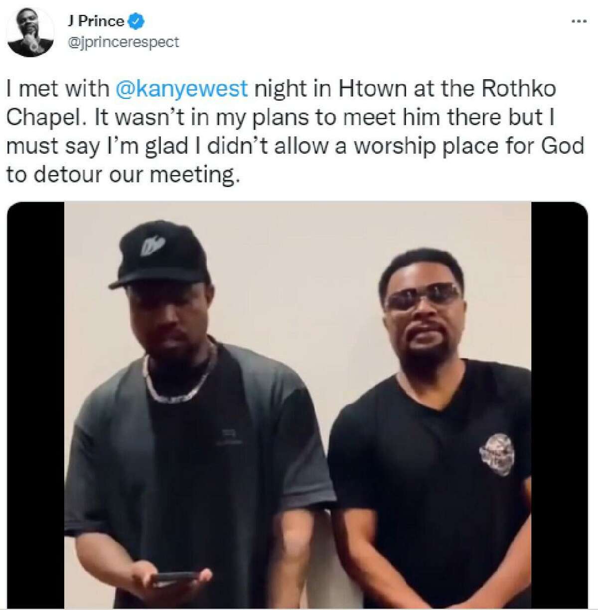 Houston hip hop music mogul J. Prince (right) is working to end one of hip hop’s biggest hip-hop beefs. In a video posted Nov. 8, 2021, the CEO of Houston-based Rap-a-Lot Records stood beside Kanye West in the Rothko Chapel as the musician announced his desire to end his rift with fellow rapper Drake