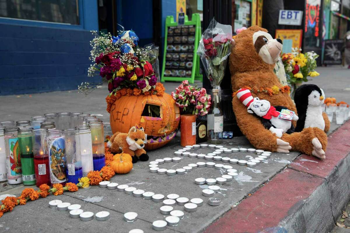A memorial is seen on Haight Street, where Samuel Jessop of San Francisco was fatally shot last week.