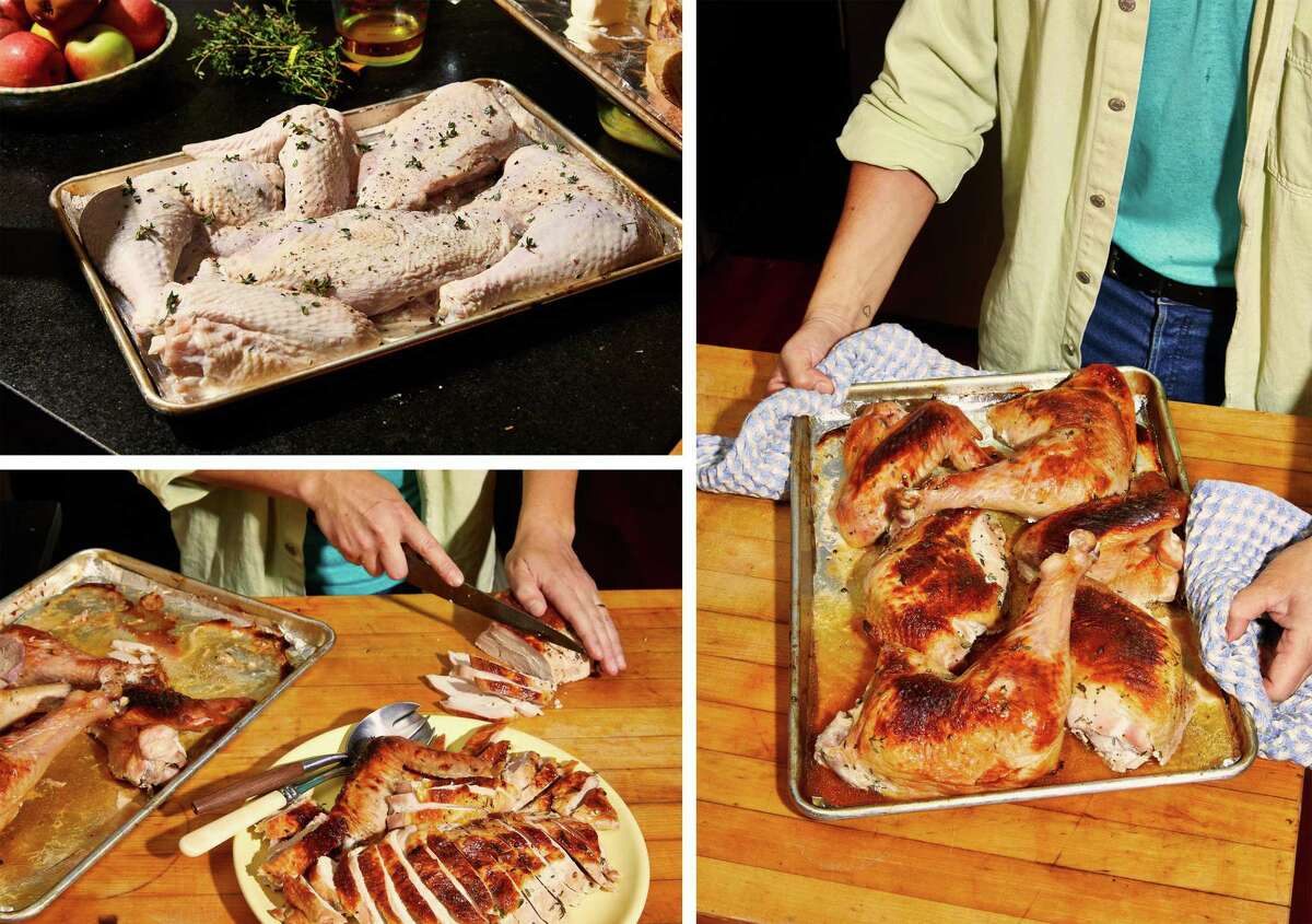 Clockwise from top left: Brined turkey pieces on a sheet pan before it goes into the oven; A sheet pan of turkey pieces fresh out of the oven.; Chef Christian Reynoso carves Thanksgiving turkey.