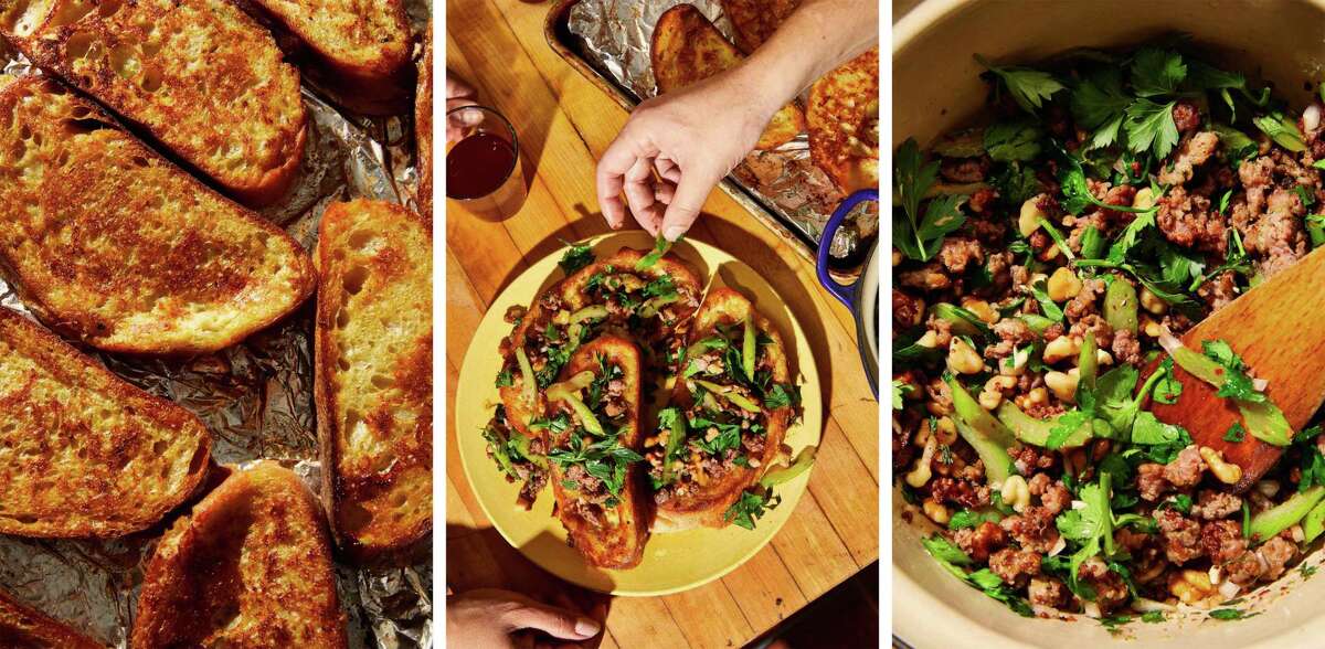 Left: Individual stuffing slices get dredged in a "custard" of egg and broth and then baked until crispy and golden.; Middle: Individual stuffing slices get dredged in a "custard" of egg and broth and then baked until crispy and golden, then they are topped with a sausage-walnut relish.; Right: A relish with sausage, walnuts, and herbs to go on the toasted stuffing slices.