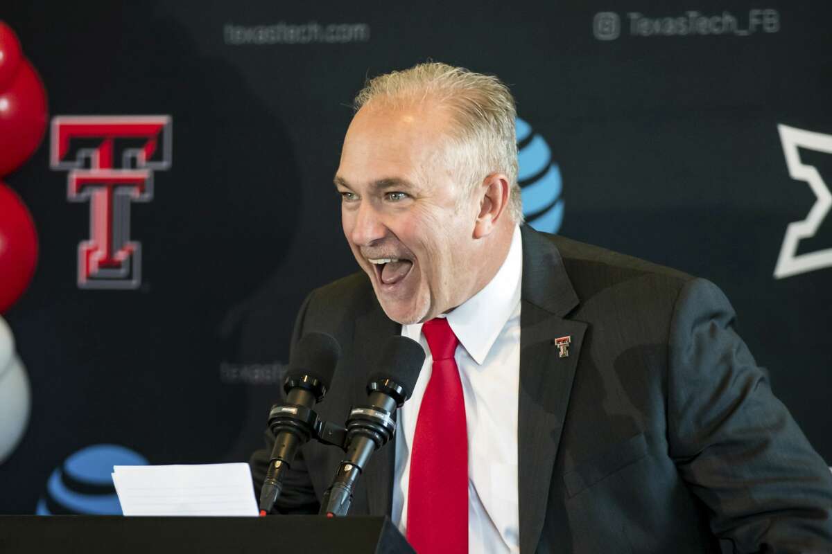 New Texas Tech head football coach Joey McGuire speaks during an NCAA college football news conference, Tuesday, Nov. 9, 2021, at Jones AT&T Stadium in Lubbock, Texas. (John Moore/Lubbock Avalanche-Journal via AP)