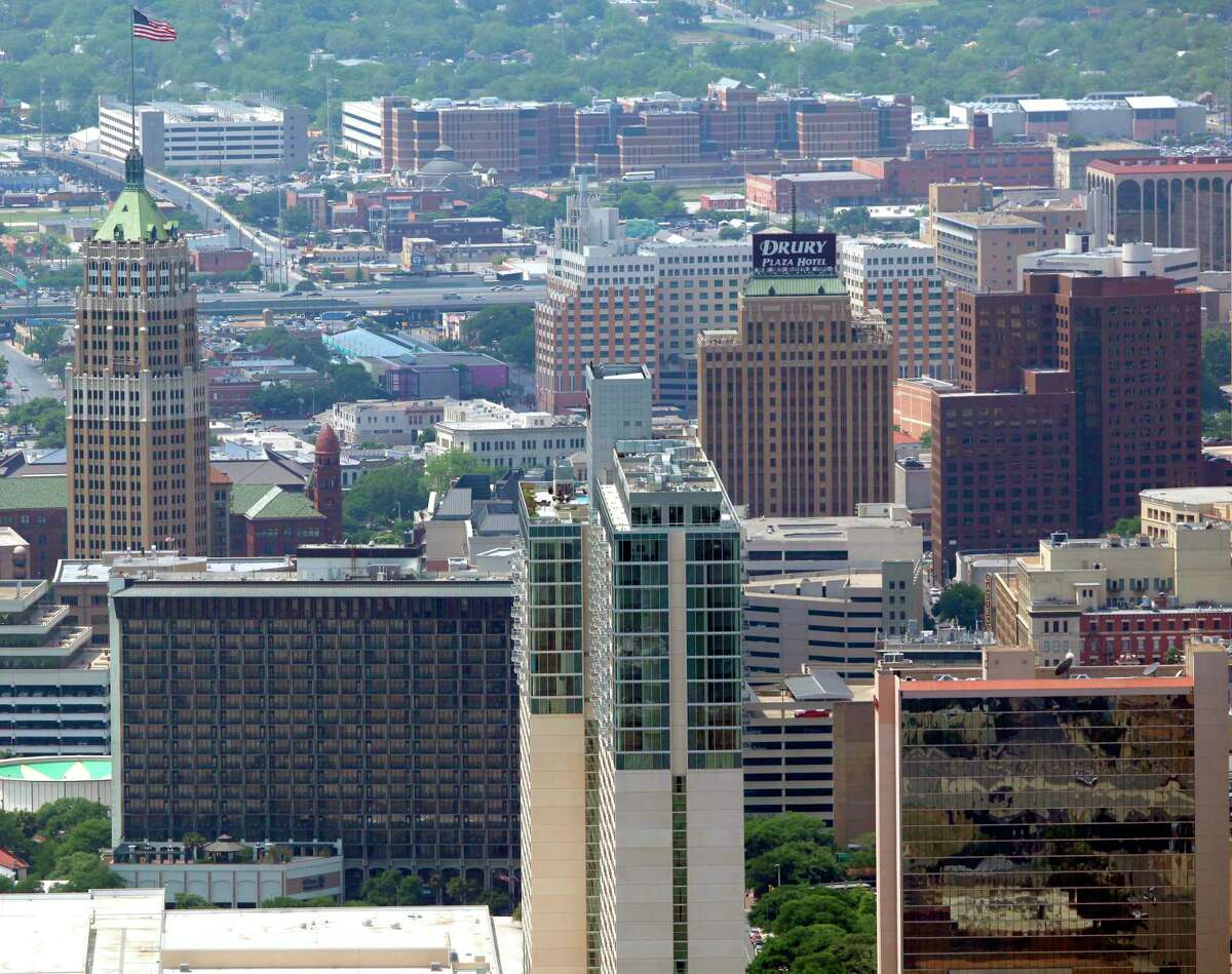 The San Antonio skyline looking from the east side toward the west is seen in this April 10, 2012 aerial photo.