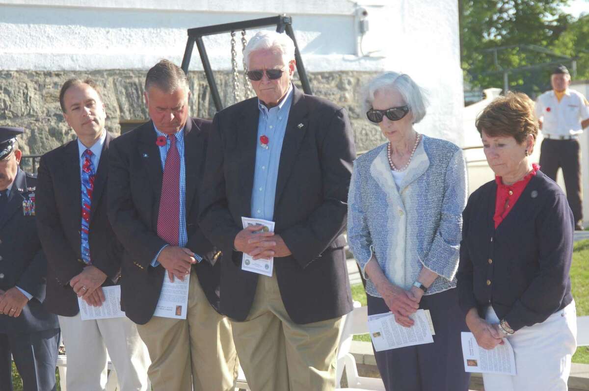Attendees at the Memorial Day ceremony on May 27, 2019, included then-First Selectman Peter Tesei, state Rep. Stephen Meskers, then-Selectman John Toner, town resident Winona Mullis who volunteered for the Navy in World War II, and then-state Rep. Livvy Floren.