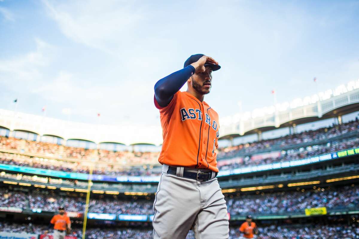 Carlos Correa of the Houston Astros looks on during the game against the New York Yankees at Yankee Stadium on Wednesday May 30, 2018 in the Bronx borough of New York City.