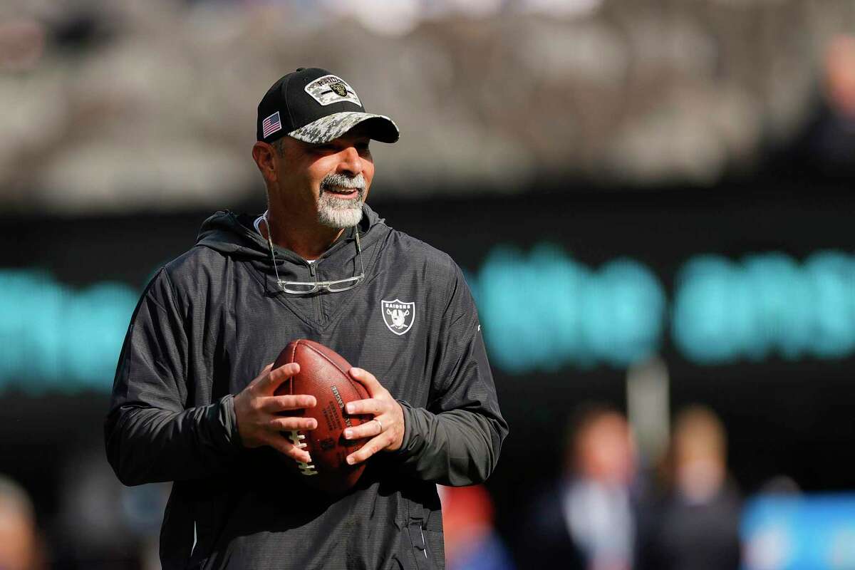 Head coach Rich Bisaccia of the Las Vegas Raiders on the field before the game against the New York Giants at MetLife Stadium on November 07, 2021 in East Rutherford, New Jersey.