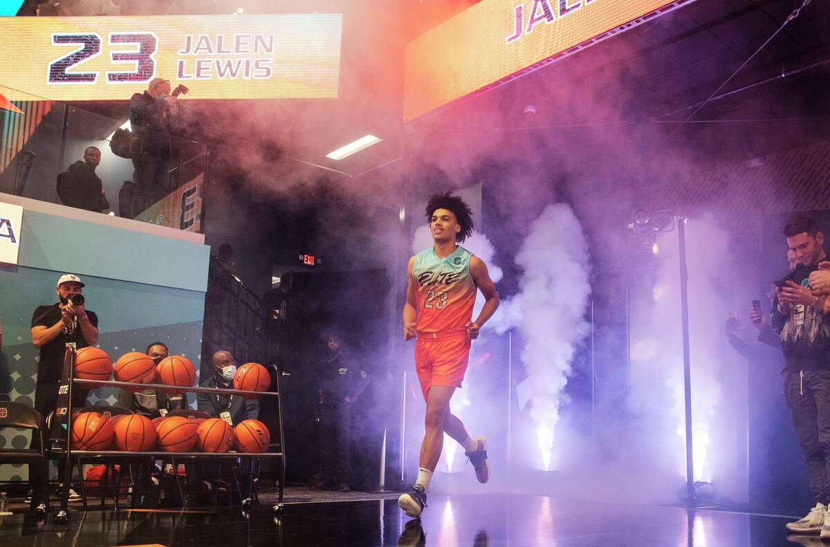 Overtime Elite basketball player Jalen Lewis is introduced before the start of his game against Vertical Academy at the Overtime Elite arena in Atlanta on Oct. 29.