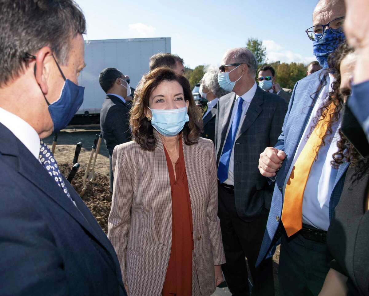 Gov. Kathy Hochul, center, attends the groundbreaking ceremony held last month for Plug Power's new green hydrogen production facility in western New York. The company is also building a new manufacturing facility in Slingerlands.