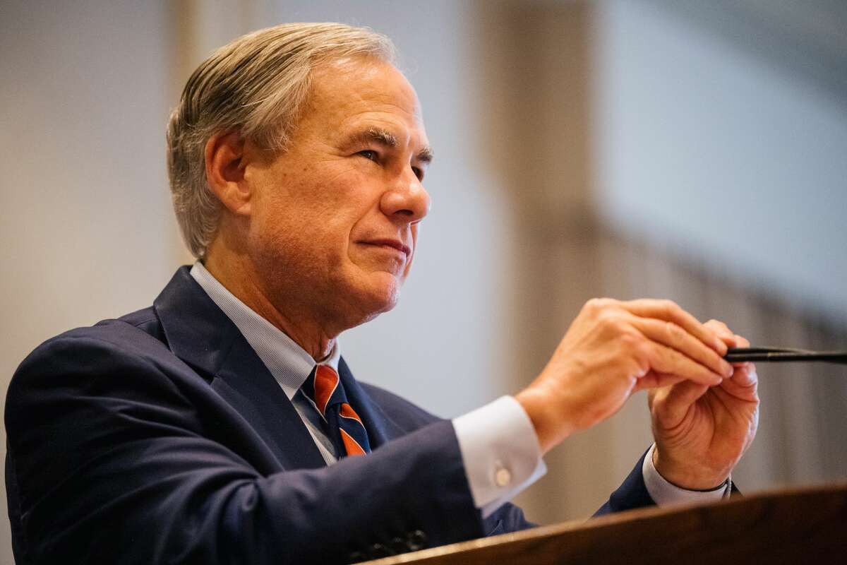 Texas Governor Greg Abbott prepares to speak at the Houston Region Business Coalition's monthly meeting on October 27, 2021 in Houston, Texas.