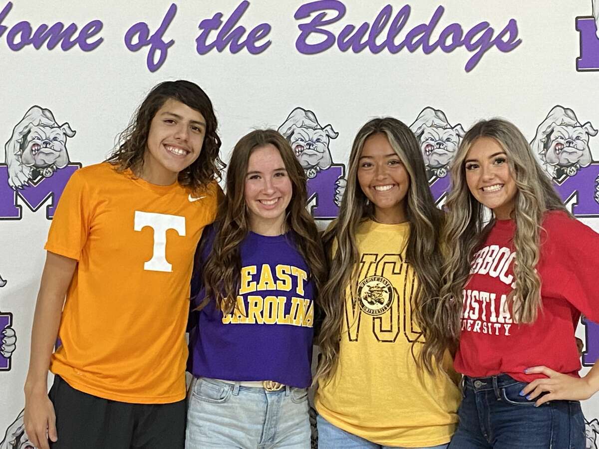 Tennessee diving signee Nicholas Stone, East Carolina diving signee Averi McQuitty, Wichita State softball signee Alex Aguilar and future Lubbock Christian competitive cheerleader Abby Clements pictured during a Nov. 10 National Signing Day ceremony at Midland High School. 