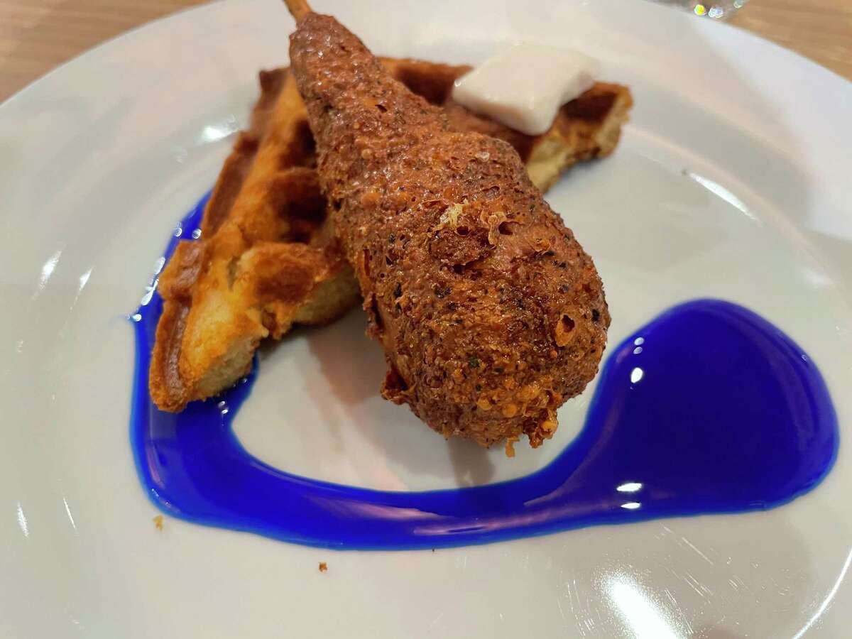 Chicken and waffles served at Larissa Zimberoff’s futuristic dinner at 18 Reasons in San Francisco. The chicken comes from Sundial Foods, while the waffle is made with upcycled flour from Renewal Mill.