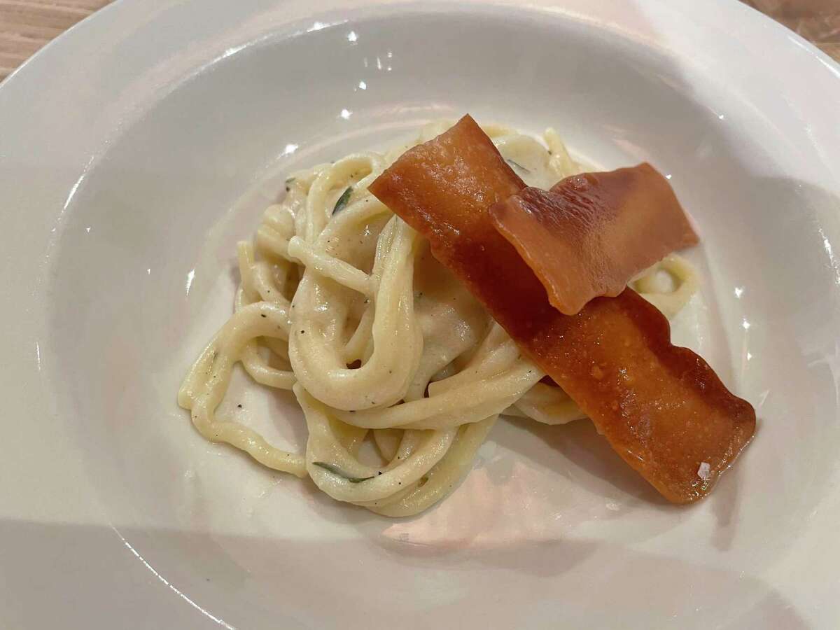 Vegan fresh pasta featuring vegan cheese and faux bacon from Hooray Foods, as served during the Future Food Dinner at 18 Reasons in San Francisco.
