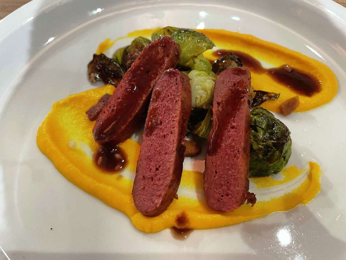Fungi-based steak by Better Meat Co., served over carrot puree at the Future Food Dinner in San Francisco.