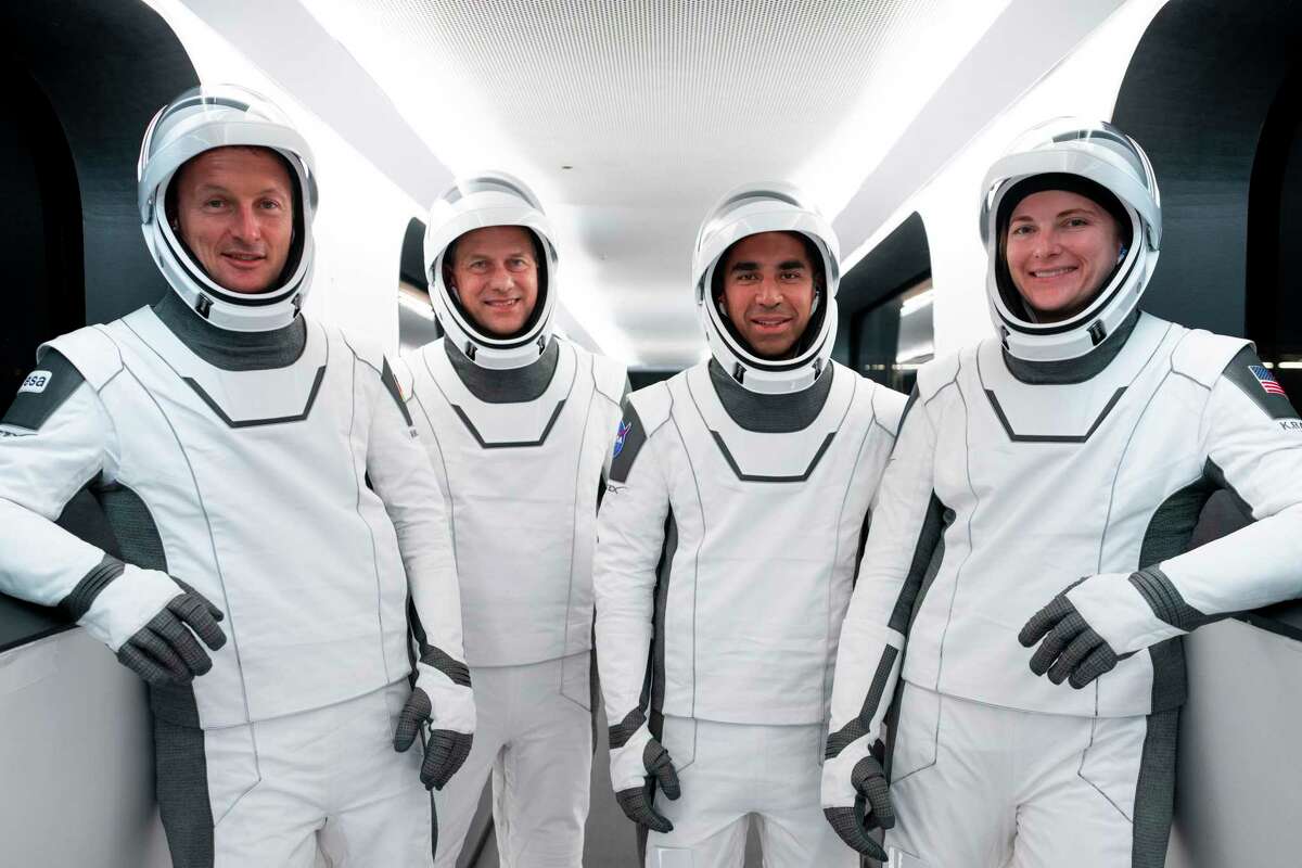 The Crew-3 astronauts pose for a photo. From left are European Space Agency astronaut Matthias Maurer, NASA astronaut Tom Marshburn, NASA astronaut Raja Chari and NASA astronaut Kayla Barron.