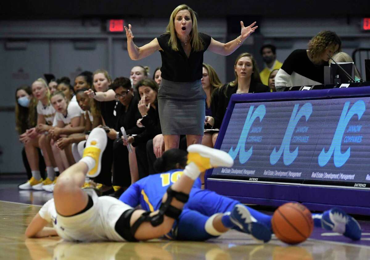 The UAlbany and Siena women’s basketball teams square off on Dec. 12. In this photo, UAlbany coach Colleen Mullen reacts to a play during the home opener against Hofstra on Wednesday, Nov. 10, 2021, in Albany, N.Y.