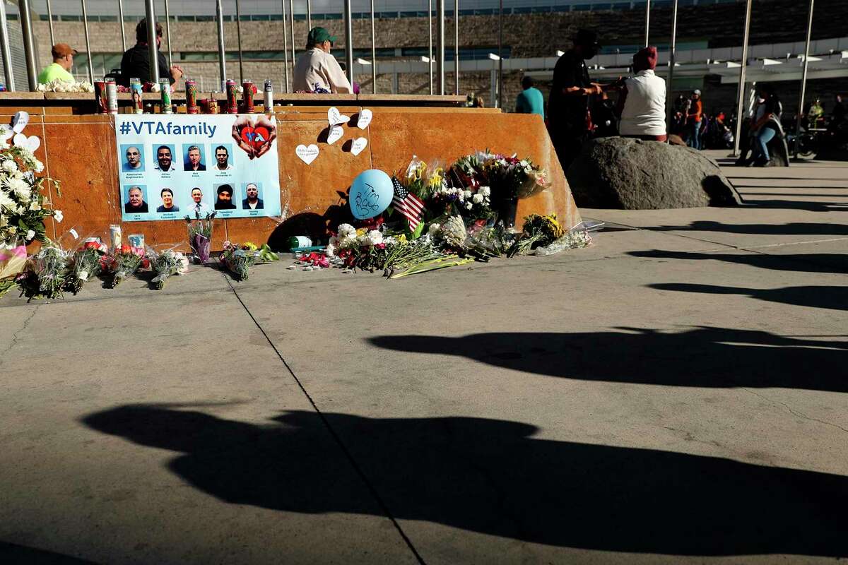 A memorial at San Jose City Hall honors the victims of the Valley Transportation Authority shooting last May.