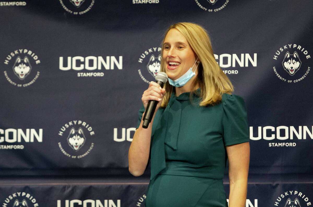 Mayor-elect Caroline Simmons announces details about her transition team, including the co-chairs of 10 policy committees, during a press conference at the UConn Stamford campus in Stamford, Conn., on Wednesday, Nov. 10, 2021.