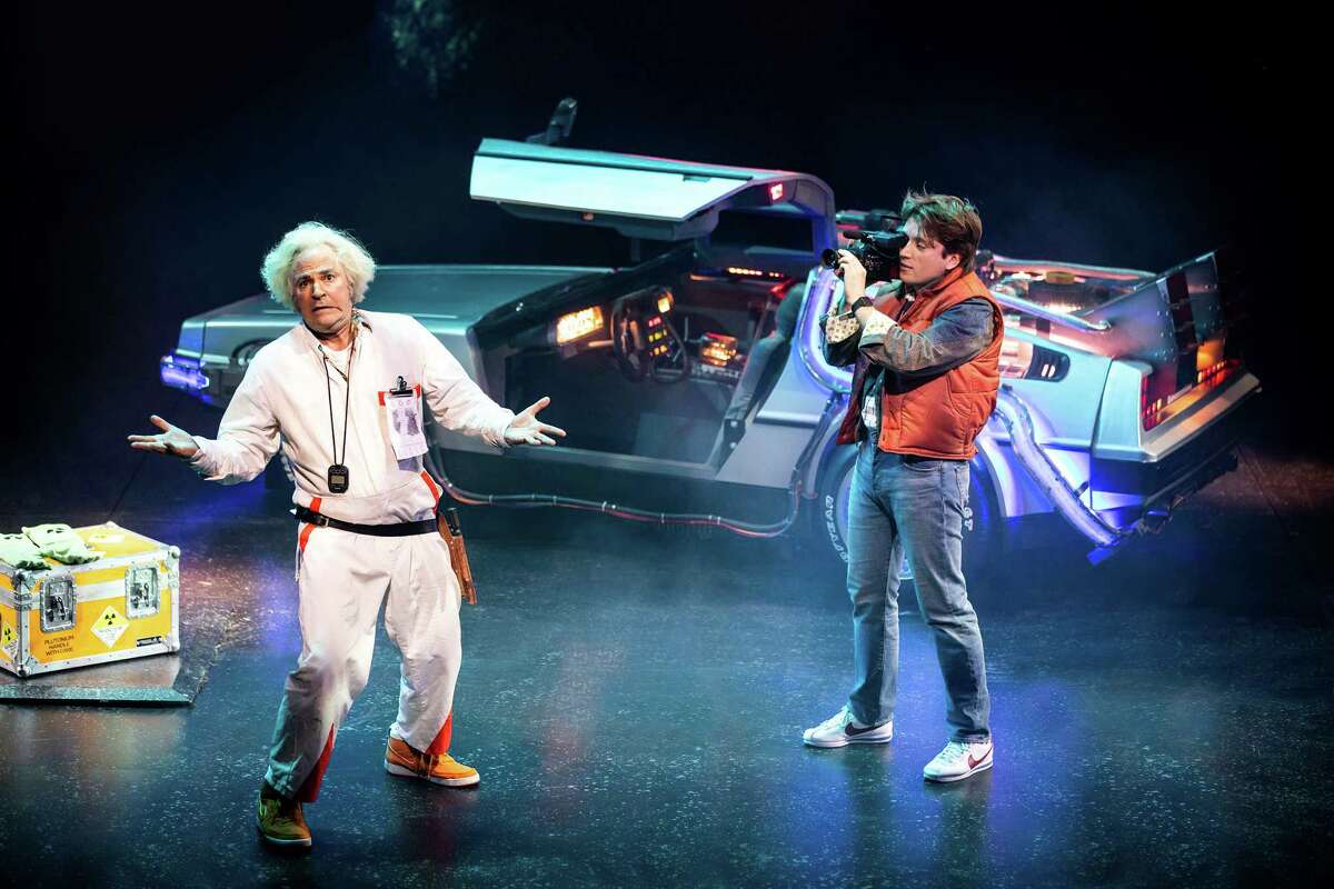 Roger Bart as Doc Brown and Olly Dobson as Marty McFly in "Back to the Future the Musical."