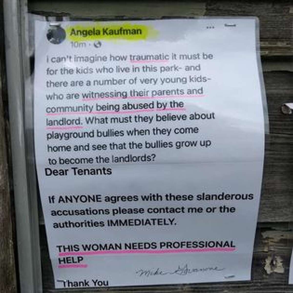 This was posted on the board at the entrance to the Saratoga Lakeview Mobile Home Park. It was signed by owner Michael Giovanone.