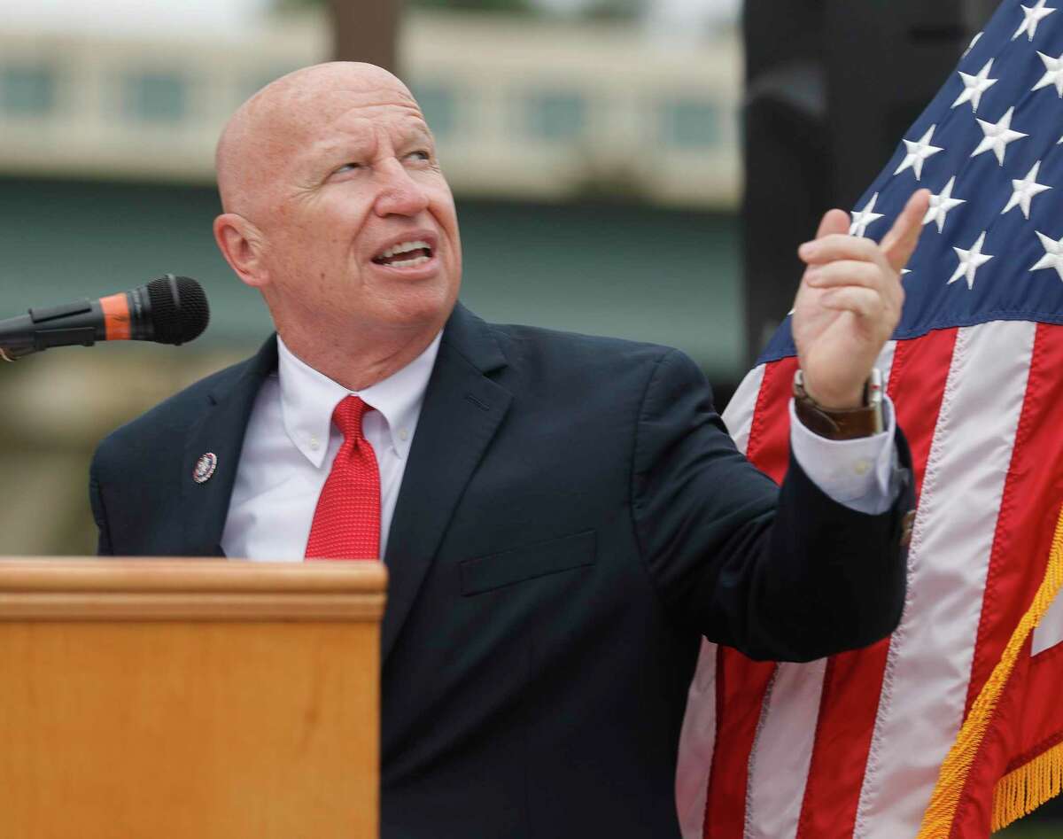 Congressman Kevin Brady (R-The Woodlands) points toward the entrance to the Montgomery County Veterans Memorial Park during a Veterans Day ceremony, Thursday, Nov. 11, 2021, in Conroe.