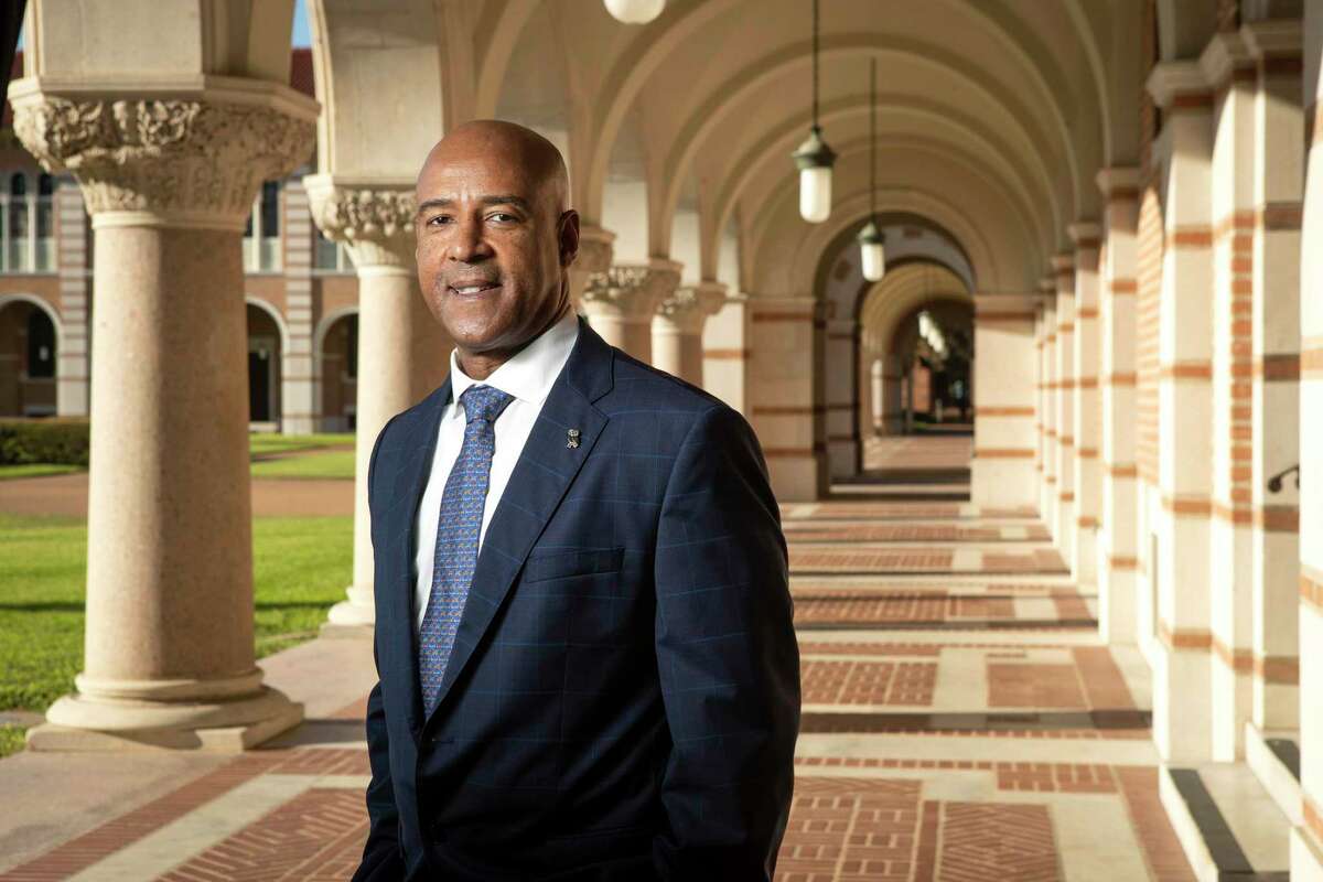 Reginald DesRoches poses for a portrait after being named as Rice University’s next president Thursday, Nov. 11, 2021 in Houston. DesRoches, who is currently serving as the university’s provost will become the eighth president of Rice when he assumes his new position in July 1, 2022.