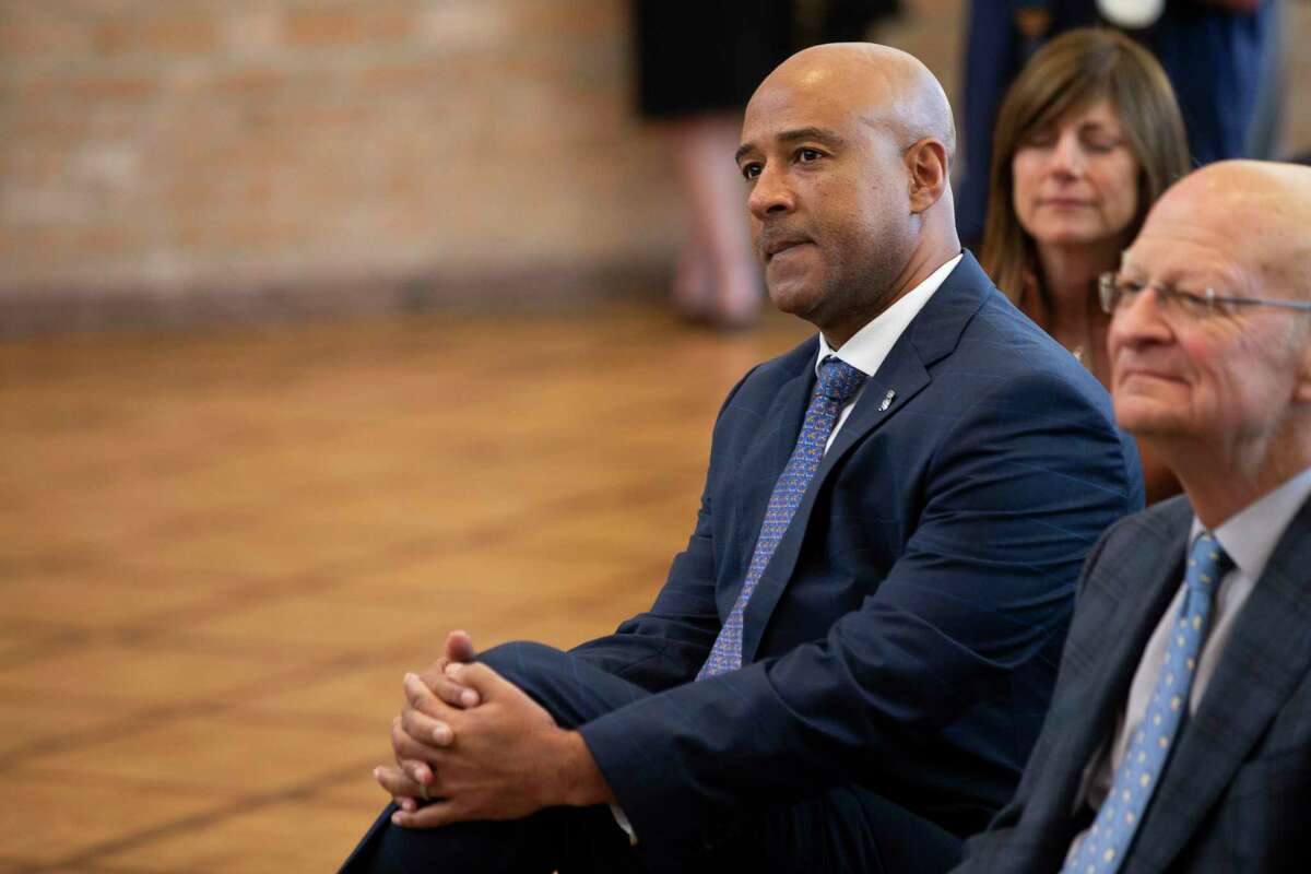 Reginald DesRoches sits in the audience during a speech where he is named as Rice University’s next president Thursday, Nov. 11, 2021 in Houston. DesRoches, who is currently serving as the university’s provost will become the eighth president of Rice when he assumes his new position in July 1, 2022.