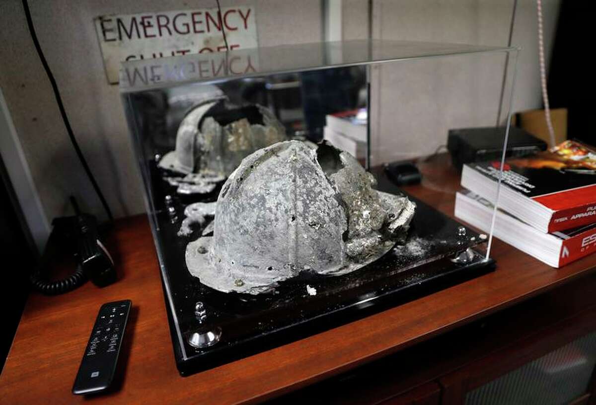 A charred helmet on display inside Santa Rosa Fire Department’s temporary site of Station 5.