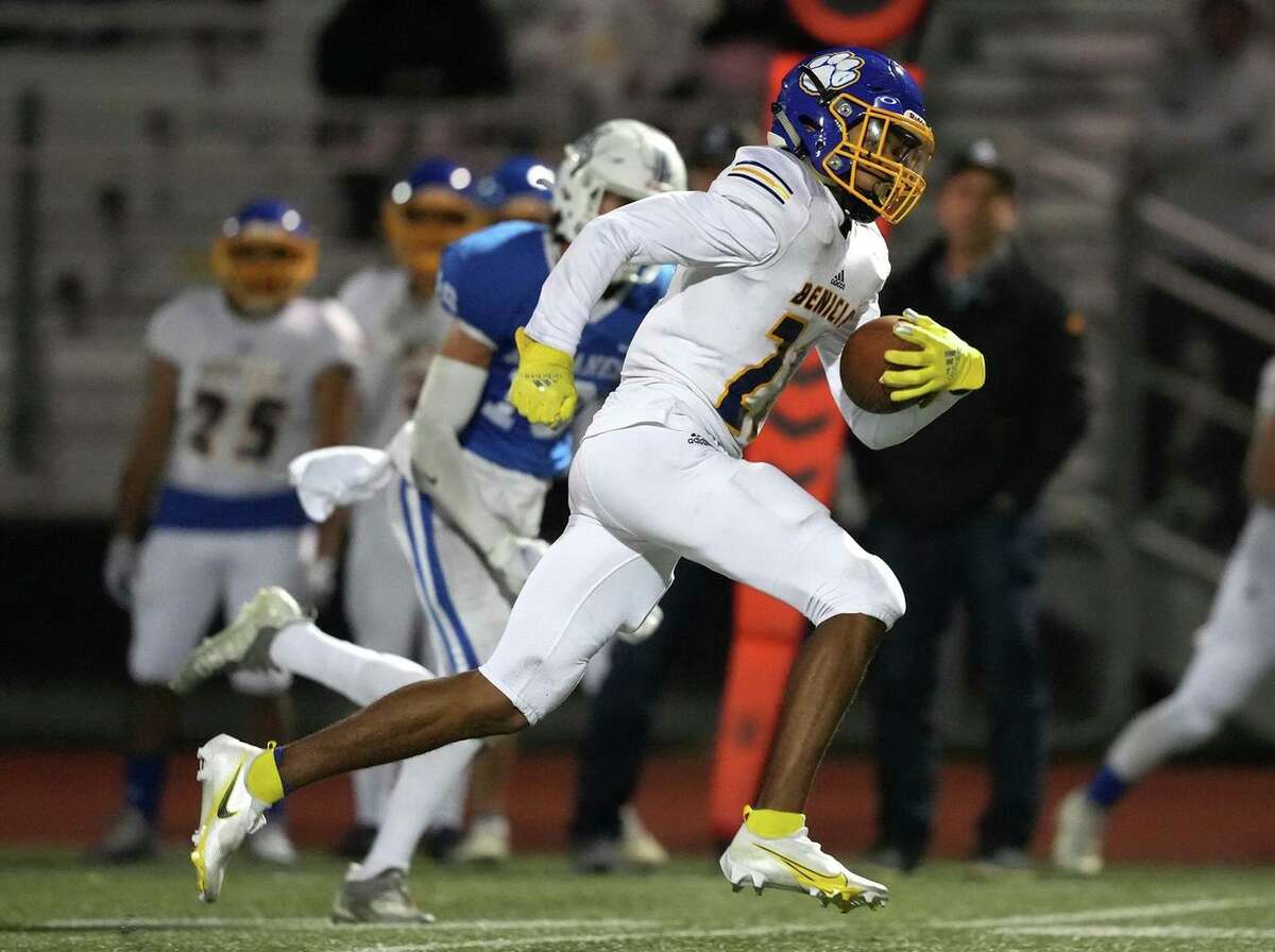 Wide receiver Simeon Harris finds an opening in the Acalanes defense during Benicia's 45-33 victory on Oct. 22. The Panthers and Dons could meeting again in the North Coast Section D3 title game.