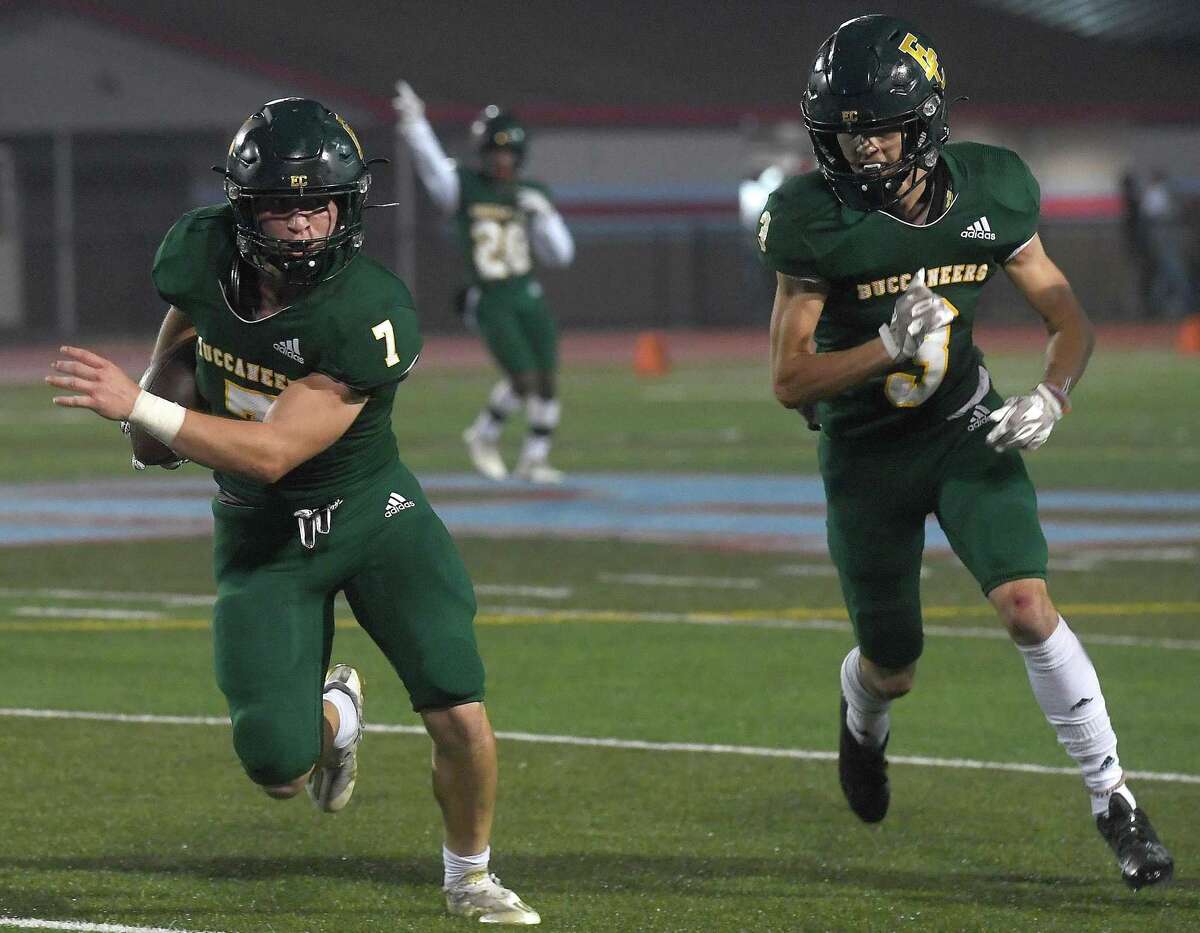 East Chambers' Joshua Carter sprints toward the end zone after intercepting a pass during their playoff match-up against Huntington Thursday in Lumberton. Photo made Thursday, November 11, 2021 Kim Brent/The Enterprise