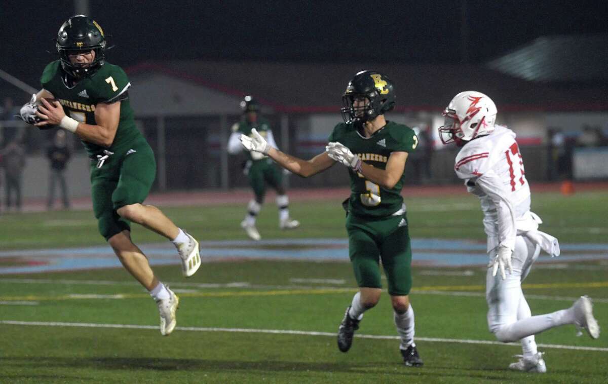 East Chambers' Joshua Carter intercepts the ball during their playoff match-up against Huntington Thursday in Lumberton. Photo made Thursday, November 11, 2021 Kim Brent/The Enterprise