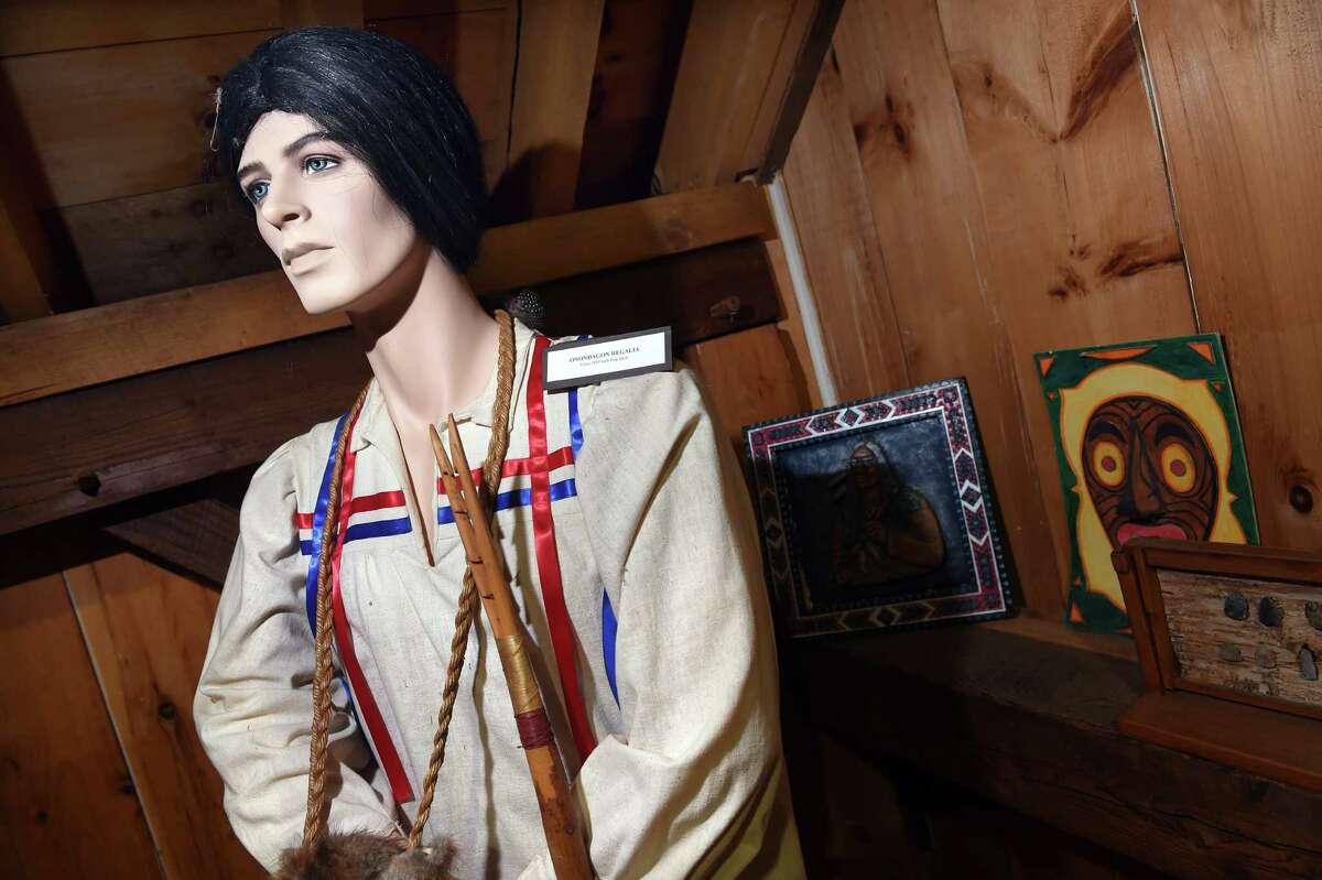 Onondagon regalia on a mannequin is part of the Quinnipiac Dawnland Collection displayed on the second floor of a barn at the Dudley Farm Museum property in Guilford on November 8, 2021.