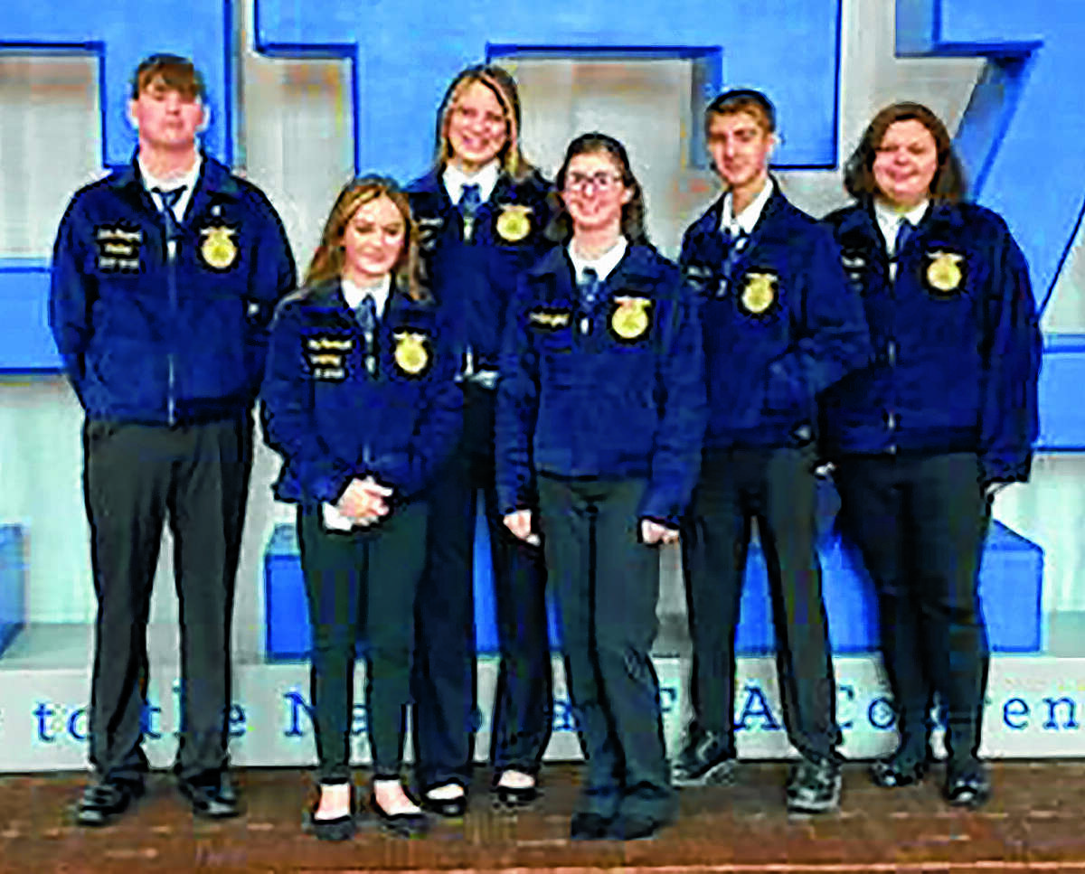 Six members of the Bluffs FFA chapter traveled in October to Indianapolis to attend the 94th National FFA Convention. While there, officers attended the opening session, heard the National FFA Chorus and Band perform, were addressed by the national FFA adviser, and heard remarks from keynote speaker Courtenay DeHoff. They also attended the National FFA Career Fair and Expo, an FFA concert and the World's Toughest Rodeo. Members finished out their four days at the convention by learning and exploring at the Indianapolis Children's Museum and visiting Hanna's Haunted Acres. Members learned a lot about FFA, the agriculture industry, and other FFA chapters from across the country. Those attending were Jake Bangert (from left), Presley Sturtevant, Maeleigh Alexander, Maggie Beddignfield, Colton Coats and Jade Hamilton.