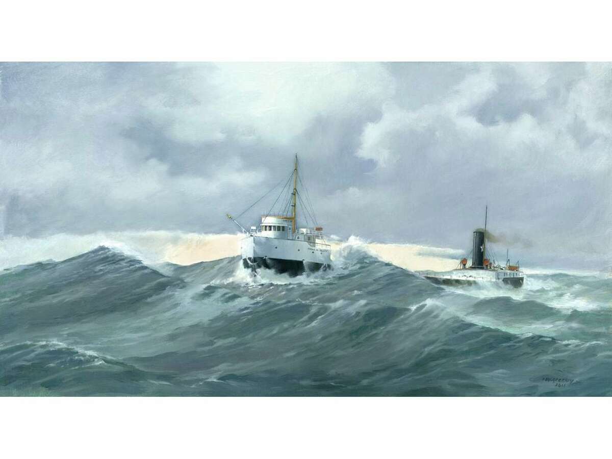 This painting by Great Lakes historian and maritime artist Robert McGreevy shows the Isaac M. Scott, a Great Lakes freighter that sank during the Great Storm of 1913 in Lake Huron, six to seven miles northeast of Thunder Bay Island, while she was traveling from Cleveland, Ohio, to Milwaukee, Wis.,  with a cargo of coal. 
