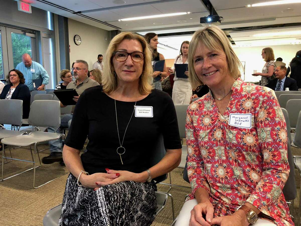Margaret Stamatis’ tenure on Ridgefield’s Board of Education has come to an end. Pictured is Stamatis, right, with former Board of Education member Tracey O’Connor. The two represented the board at Ridgefield Public Schools’ New Teacher Orientation in 2018.