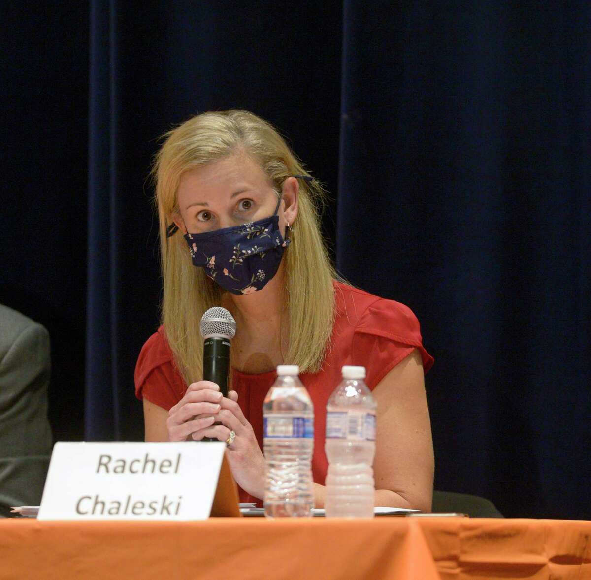 School board candidate Republican Rachel Chaleski speaks during the Danbury City-Wide PTO candidate forum at Danbury High School. Wednesday night, October 6, 2021, Danbury, Conn. Chaleski has been named the new chair of the school board.