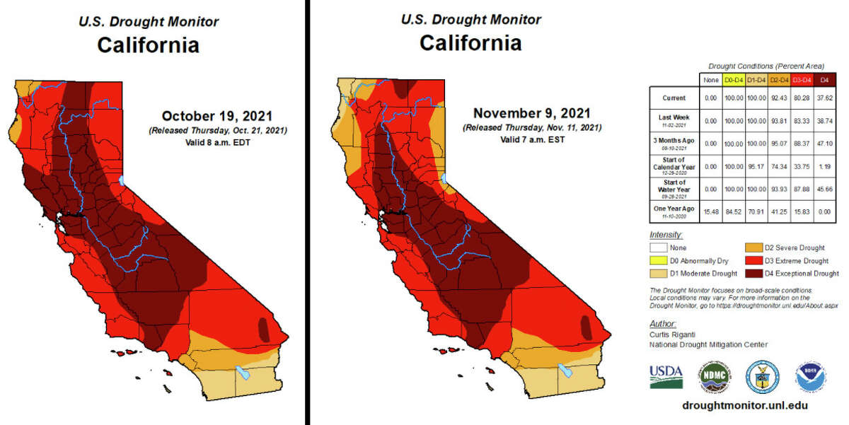 Map shows drought conditions in California before and after storms