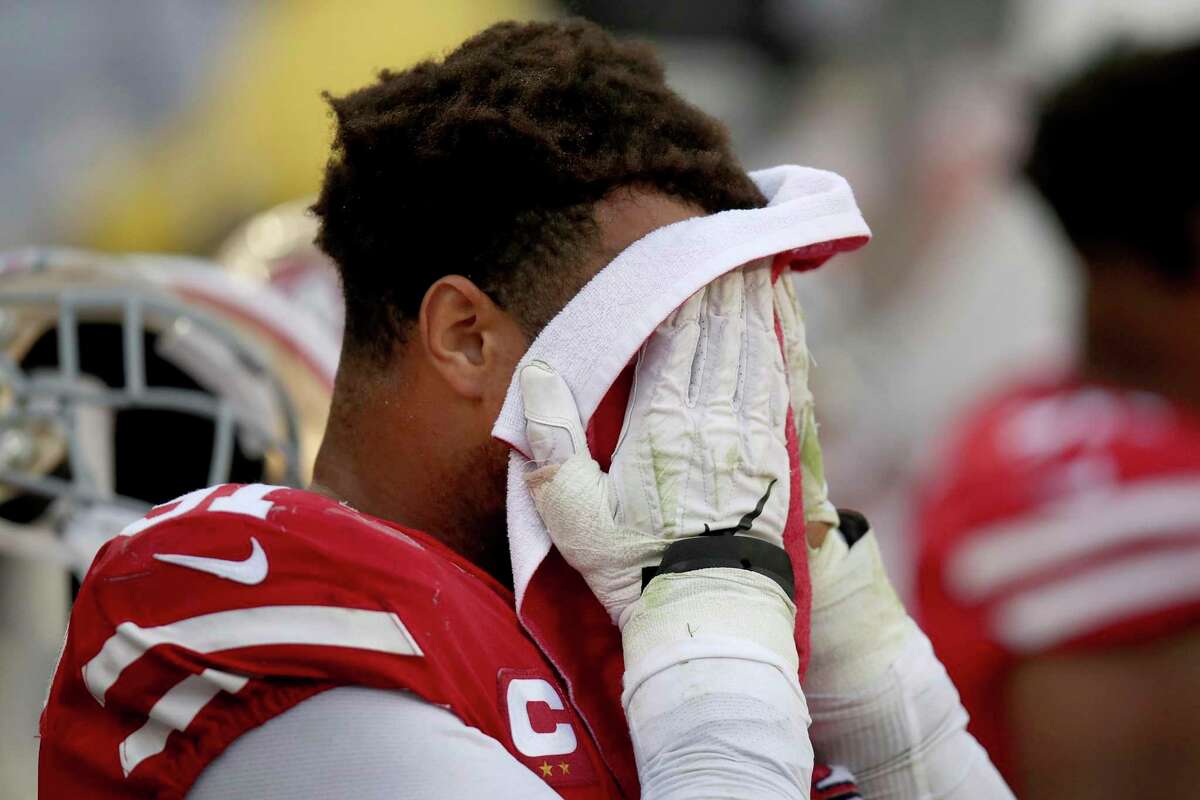San Francisco 49ers defensive end Arik Armstead (91) reacts on the sideline during an NFL football game against the Arizona Cardinals, Sunday, November 7, 2021, in Santa Clara, Calif. (AP Photo/Scot Tucker)