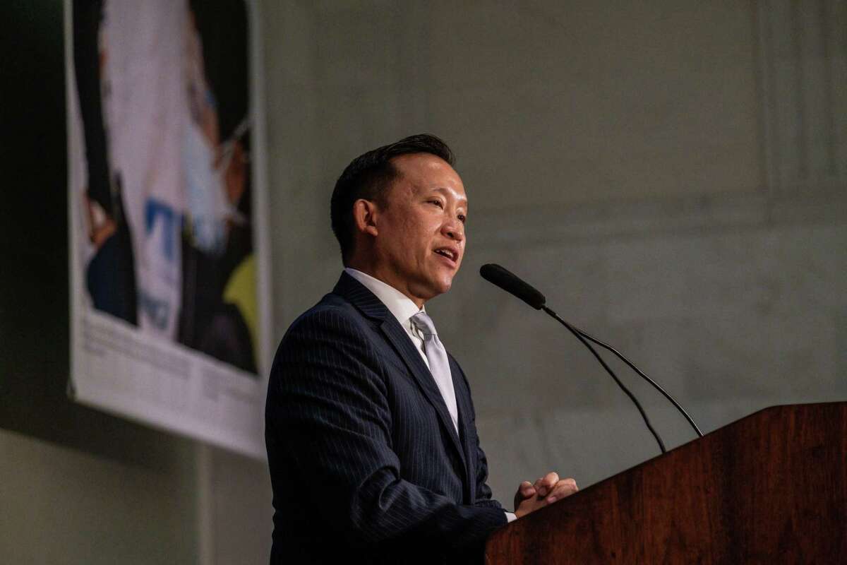 David Chiu addresses the crowd after being sworn in as San Francisco city attorney at City Hall on Nov. 1.