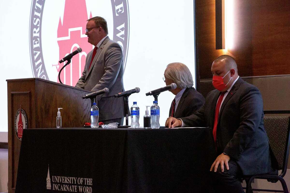 Dr. Tom Evans, president of the University of the Incarnate Word speaks at a press conference announcing UIW’s plans to leave the Southland Conference and join the WAC.