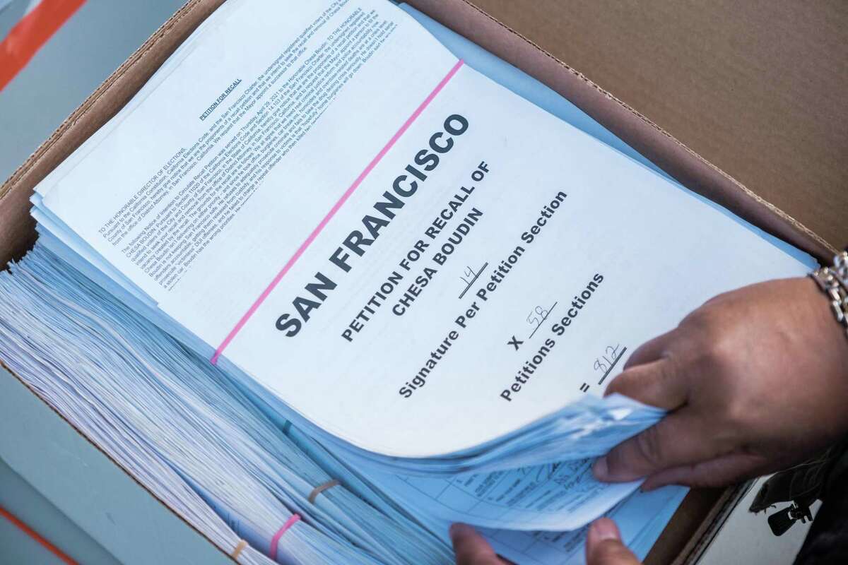 A box contains signatures for recall of San Francisco District Attorney Chesa Boudin. The recall had roughly 83,000 signatures, almost matching the number of votes it took to put Boudin in office in 2019.