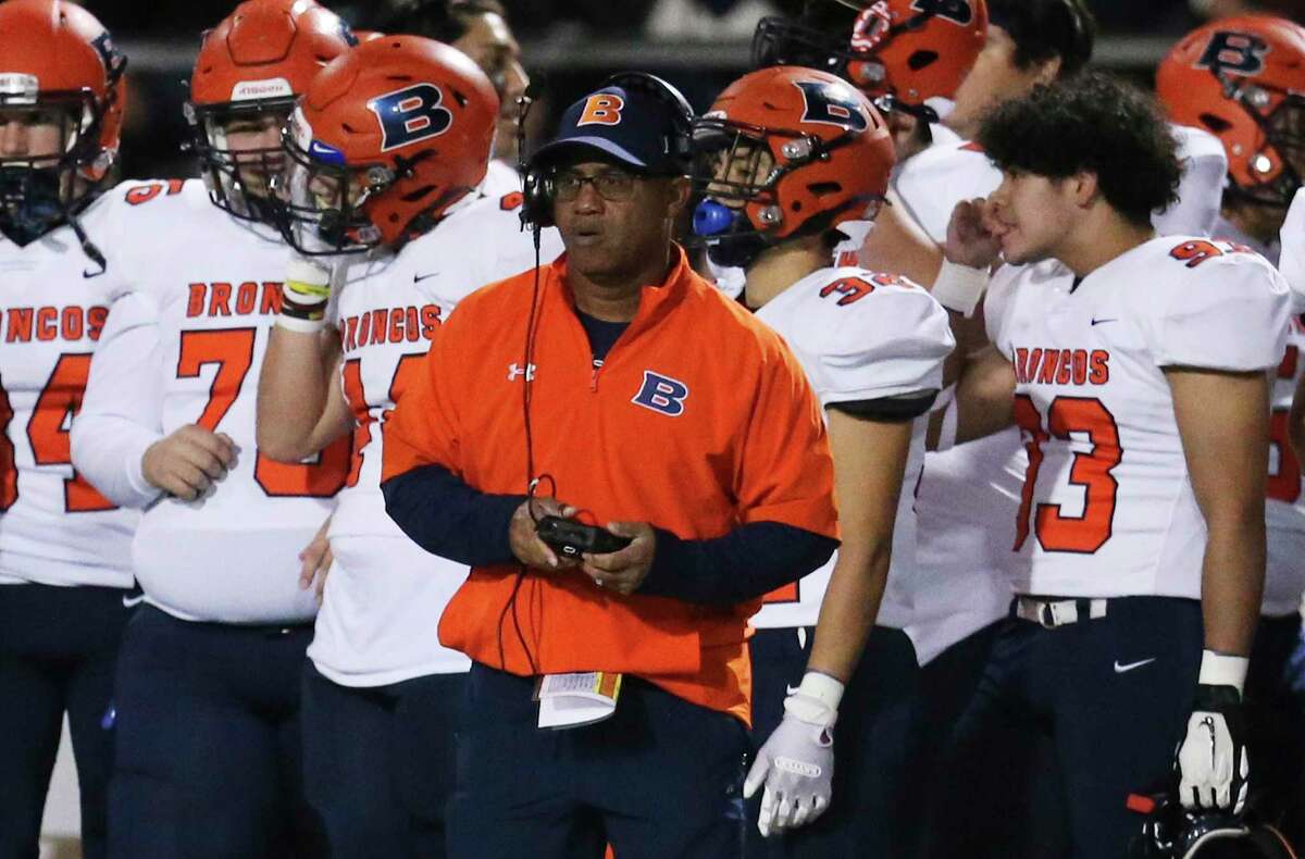 Brandeis head coach Charles Bruce watches his team against Steele during their high school football playoff game at Lenhoff Stadium on Friday, Nov. 12, 2021.