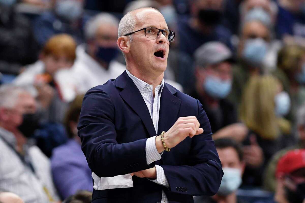 Connecticut head coach Dan Hurley in the first half of an NCAA college basketball game, Tuesday, Nov. 9, 2021, in Storrs, Conn. (AP Photo/Jessica Hill)