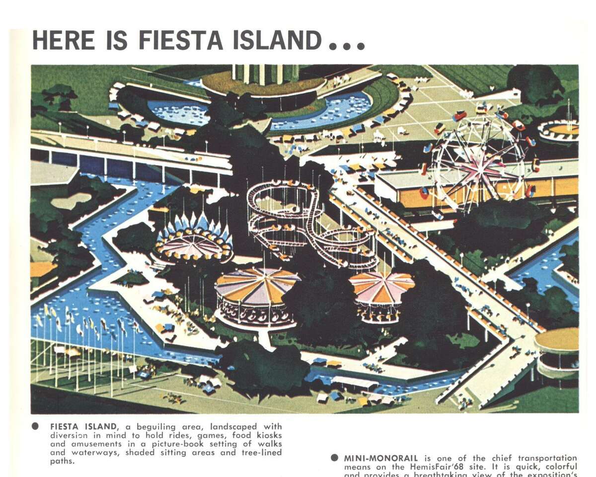 As seen in this illustration from a HemisFair ’68 souvenir guide, the fairgrounds included carnival-style concessions, rides and snack stands in an area known as Fiesta Island. The rides, operated by local concessionaire George Lane, remained at HemisFair Plaza for years after the fair closed in October 1968