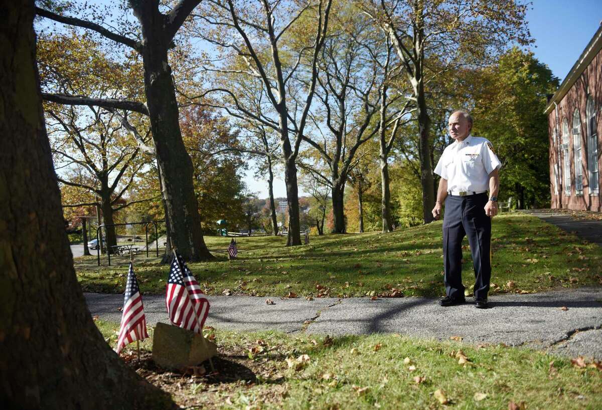 Don Sylvester, head of the Byram Veterans Association, walks through Eugene Morlot Memorial Park in the Byram section of Greenwich, Conn. Wednesday, Nov. 10, 2021. On Thursday the Board of Selectmen formalized the naming of the park, more than 30 years after it was approved.