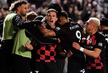 San Antonio FC players celebrate their USL Championship Western Conference playoff semifinal victory over Rio Grande Valley FC on Saturday, Nov. 13, 2021, at Toyota Field in San Antonio.